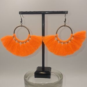 (E87) New Vibrant Orange Tassel Hoop Earrings